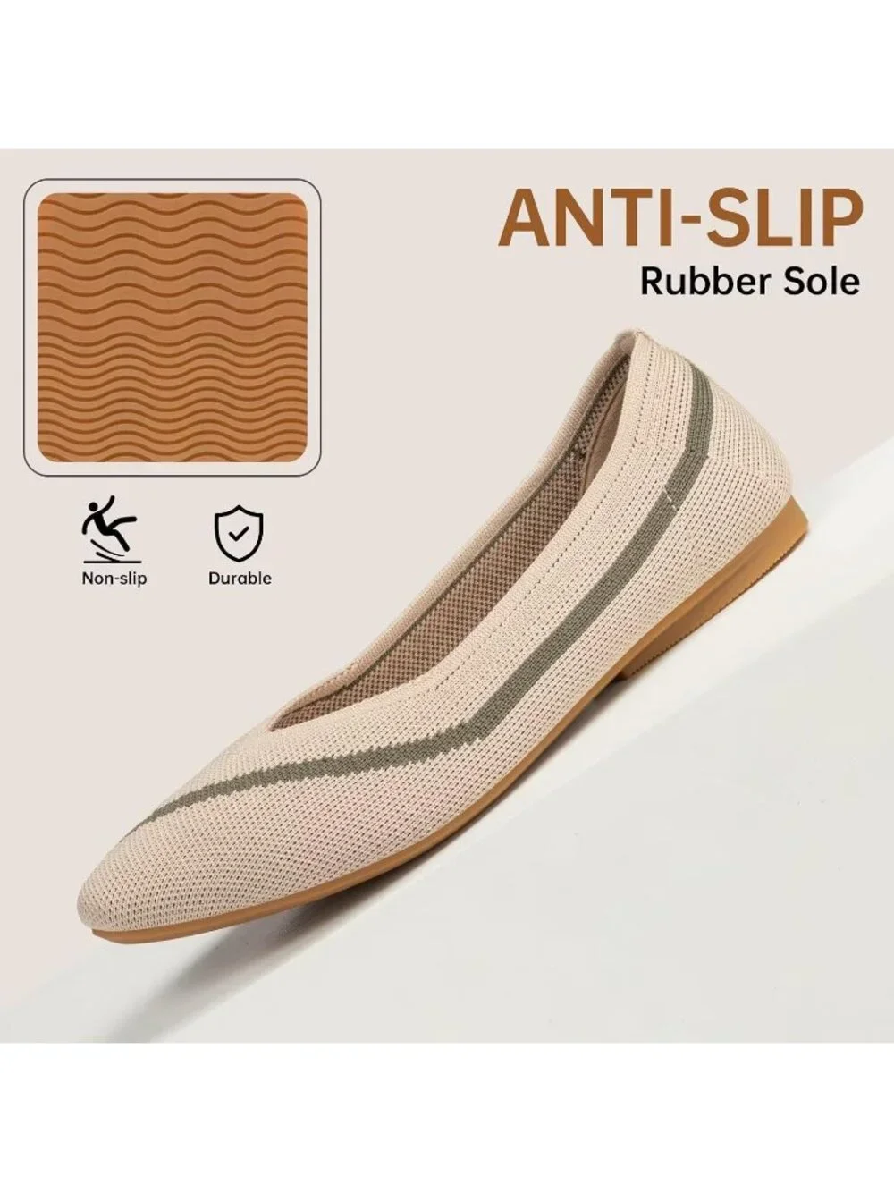 Frank Mully Women's Camel Rubber Knitted Square Toe Comfortable Slip On Flats